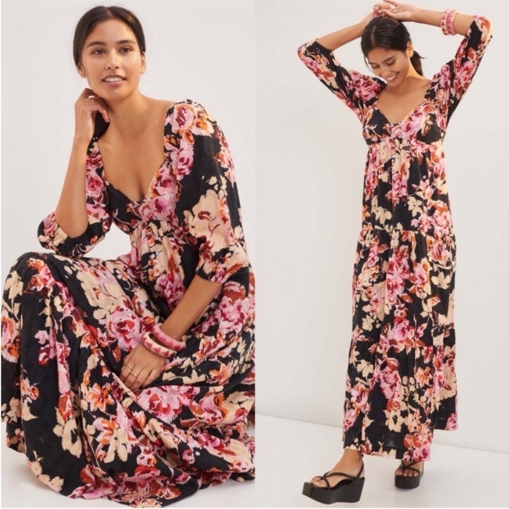 Anthropologie Somerset Puff-Sleeve Maxi Dress Black Pink Floral Tiered M NWT